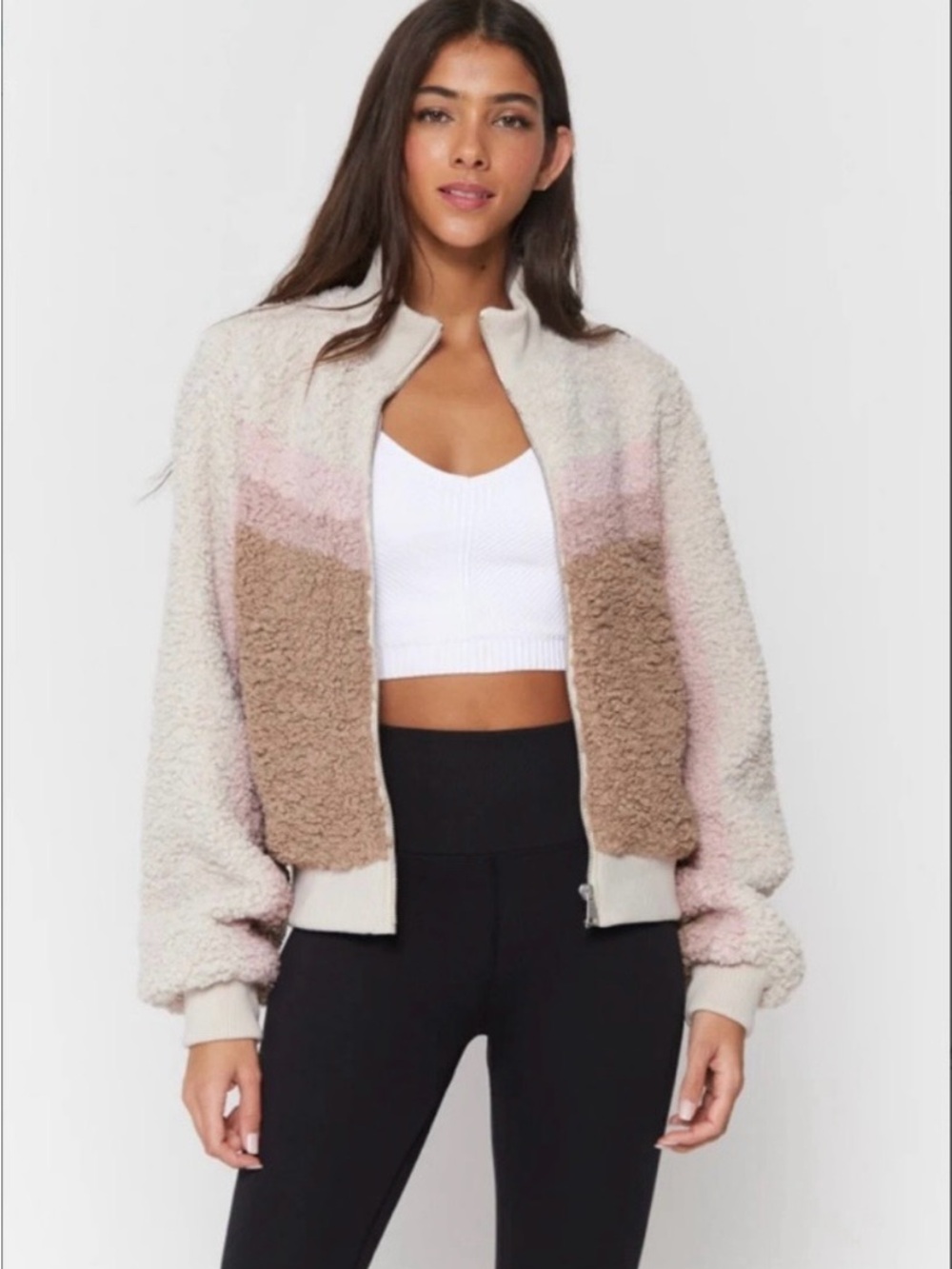Spiritual Gangster Cozy Colorblock Sherpa Bomber Jacket - Beige & Pink